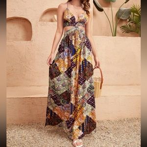 Boho floral print lace up tie back maxi dress